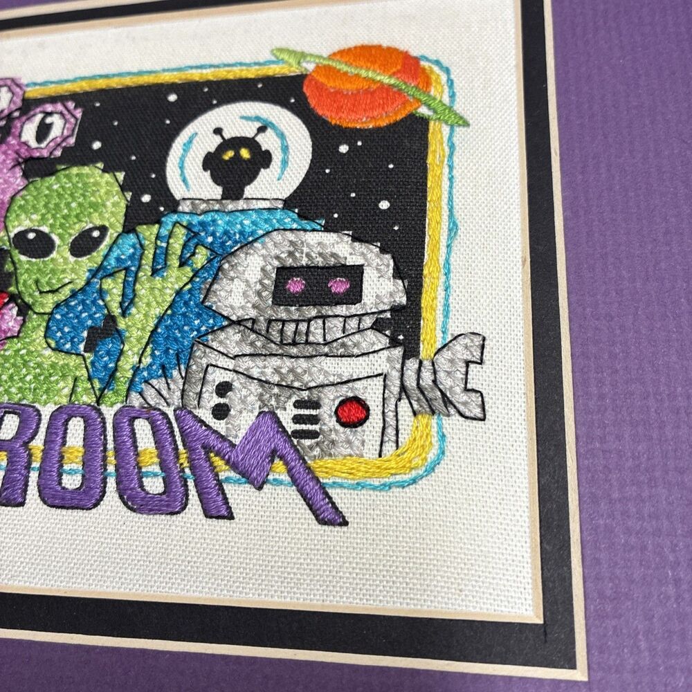 Completed Cross Stitch Framed Kids My Room Sign With Aliens And Space Boy Themed - Picture 4 of 5